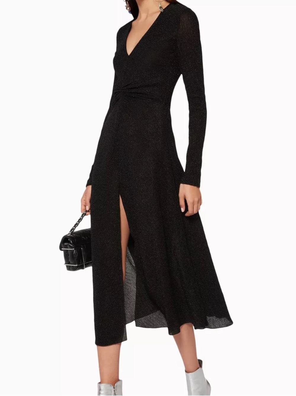 ROTATE Birger Christensen Black Metallic Lurex Twist Front Midi Dress 34